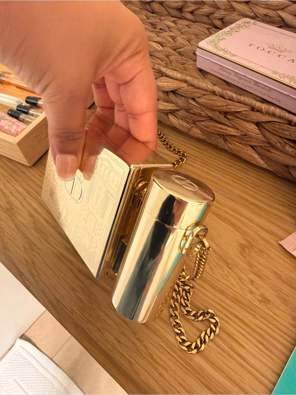 Dior Metallic Gold Box Clutch with Cylindrical Accent and Chain